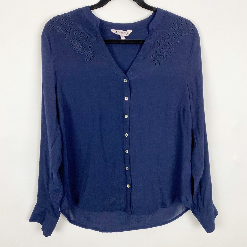 Nanette Nanette Lepore Eyelet Embroidered Roll Tab Blouse Women Large Navy Blue